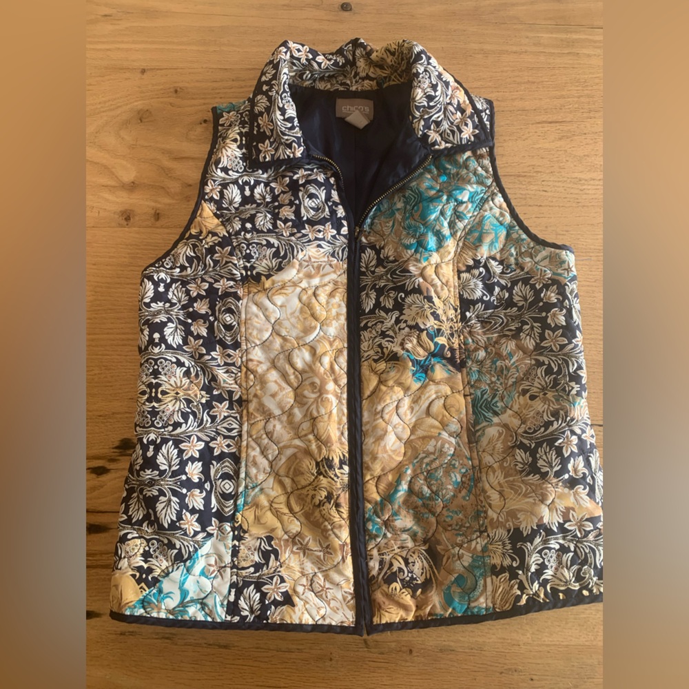 Chico’s Floral Quilted Casual Collared‎ Zipper Vest Blue Gold Women’s 0 Preloved